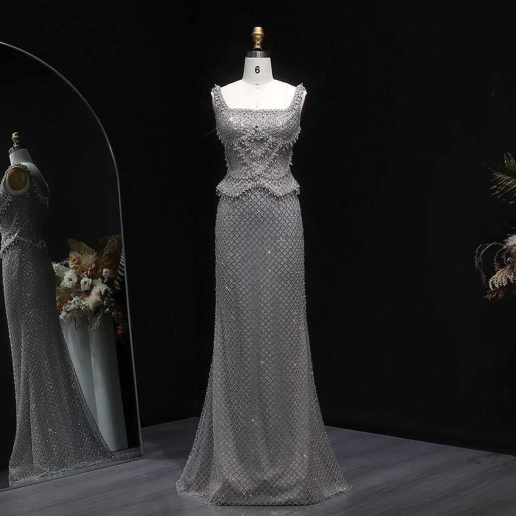 Luxury Dubai Gray Evening Dress with Straps - SS631