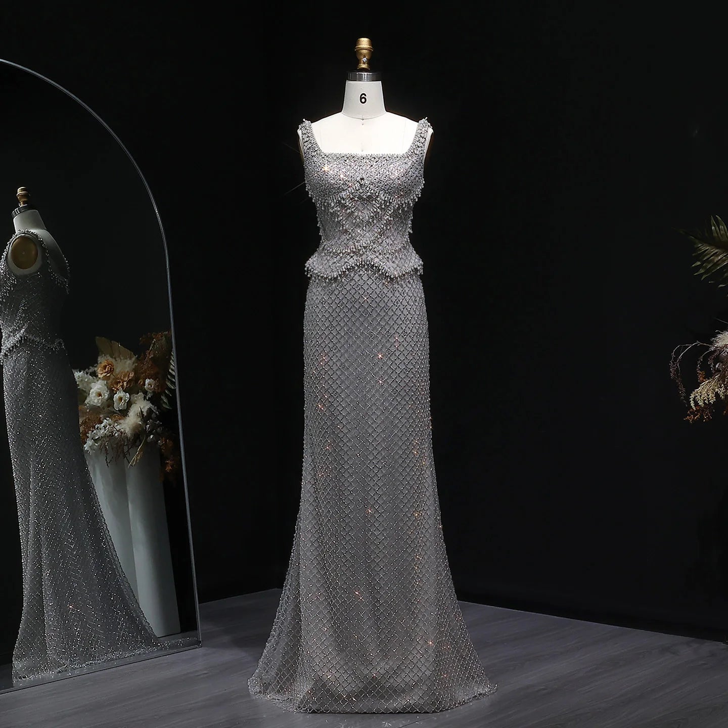 Luxury Dubai Gray Evening Dress with Straps - SS631