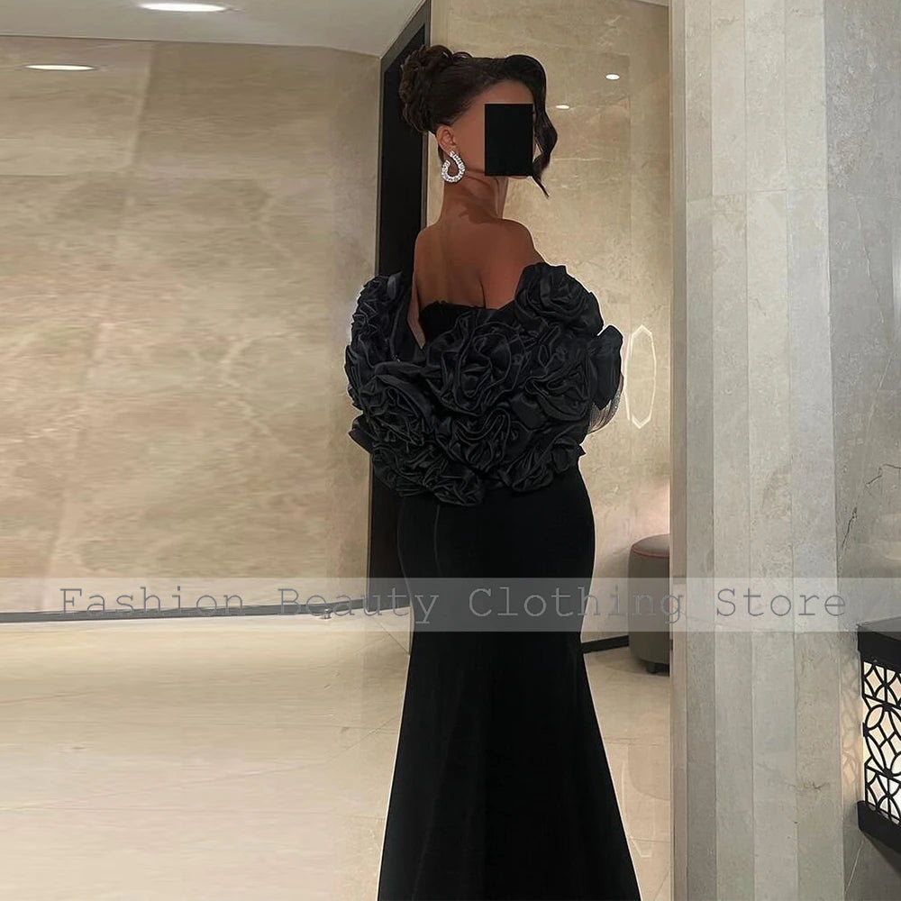 Women's Black 3D Flower Evening Gown