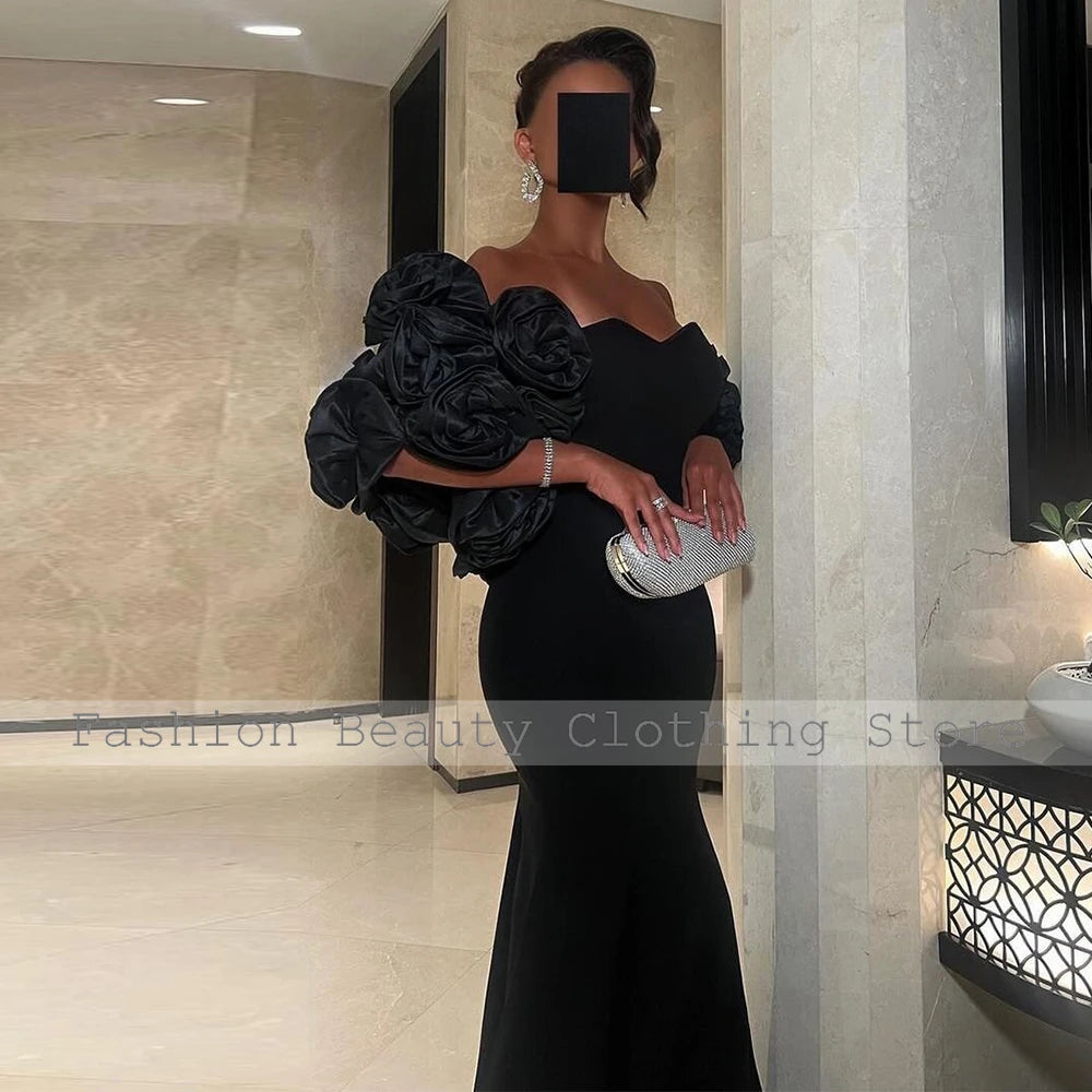Women's Black 3D Flower Evening Gown