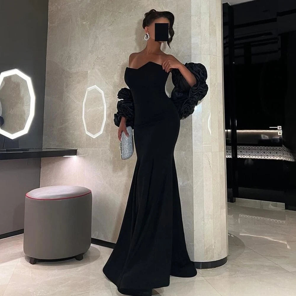 Women's Black 3D Flower Evening Gown