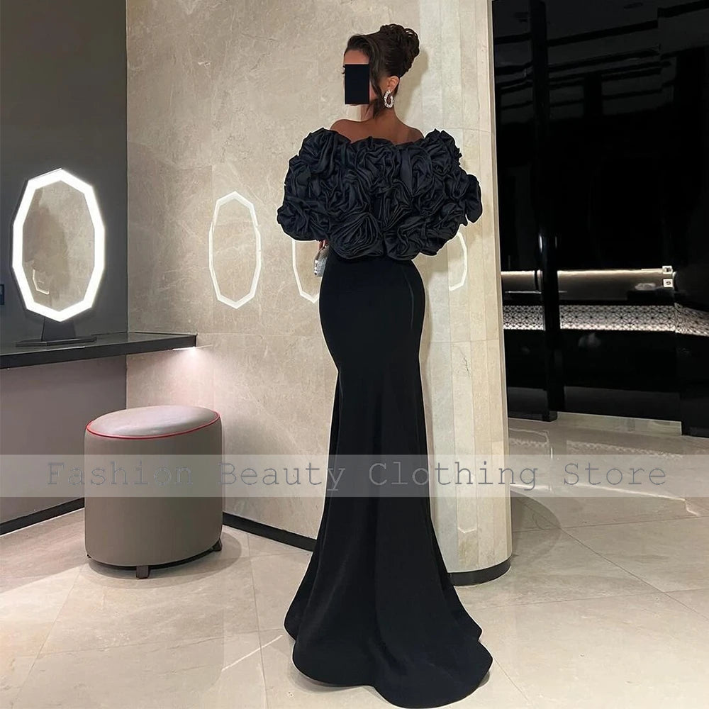 Women's Black 3D Flower Evening Gown