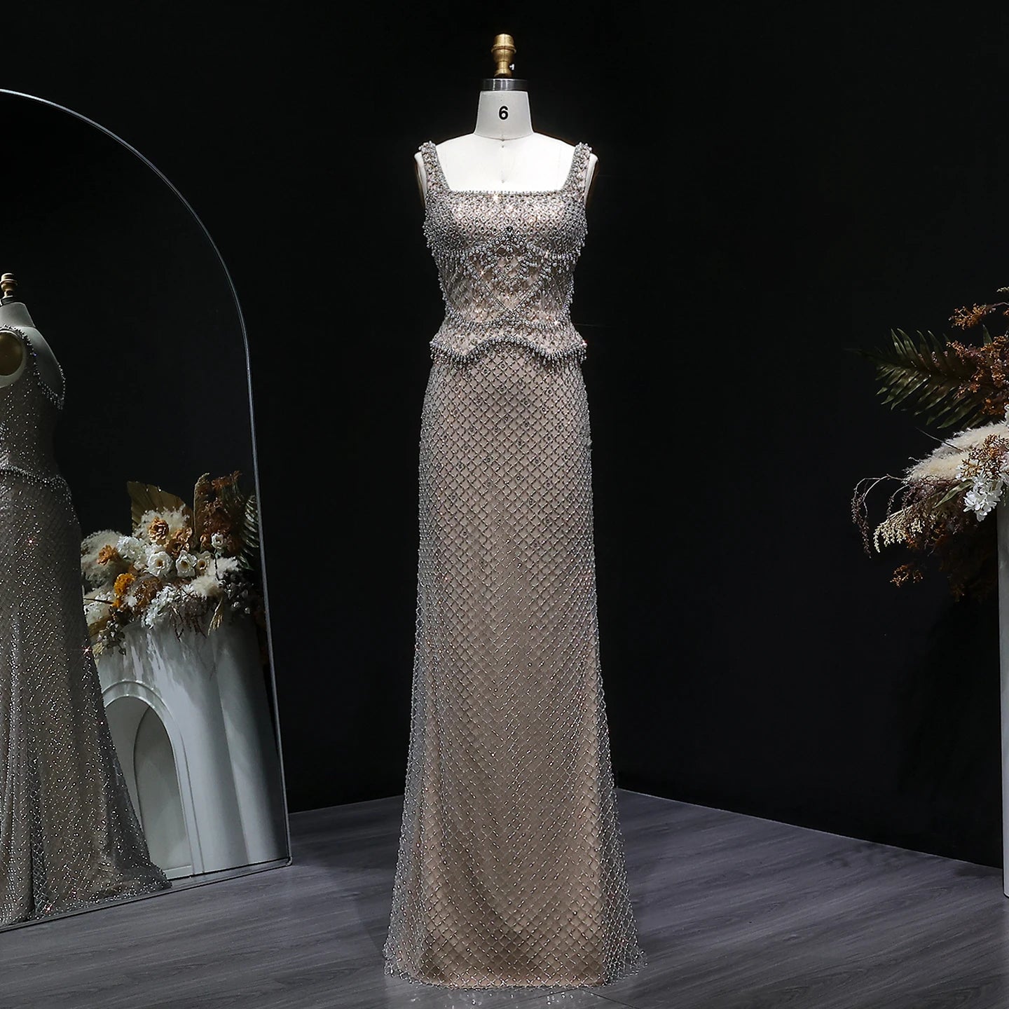 Luxury Dubai Gray Evening Dress with Straps - SS631