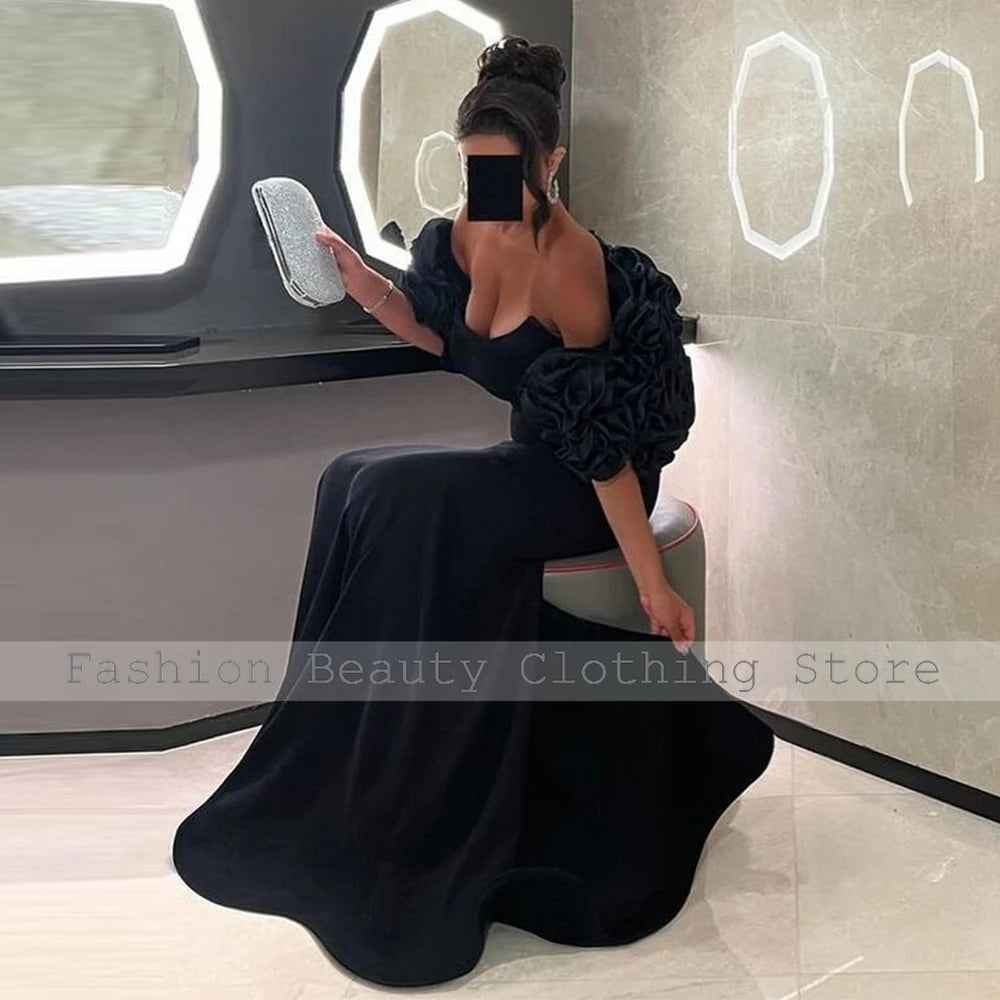 Women's Black 3D Flower Evening Gown